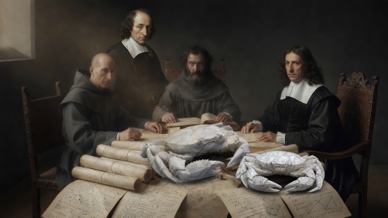 Nova scholars and two marble crabs at a table of equation-covered papers
