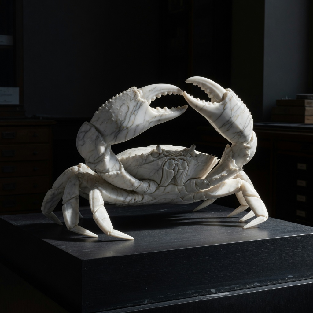 Carrara marble crab holding a die